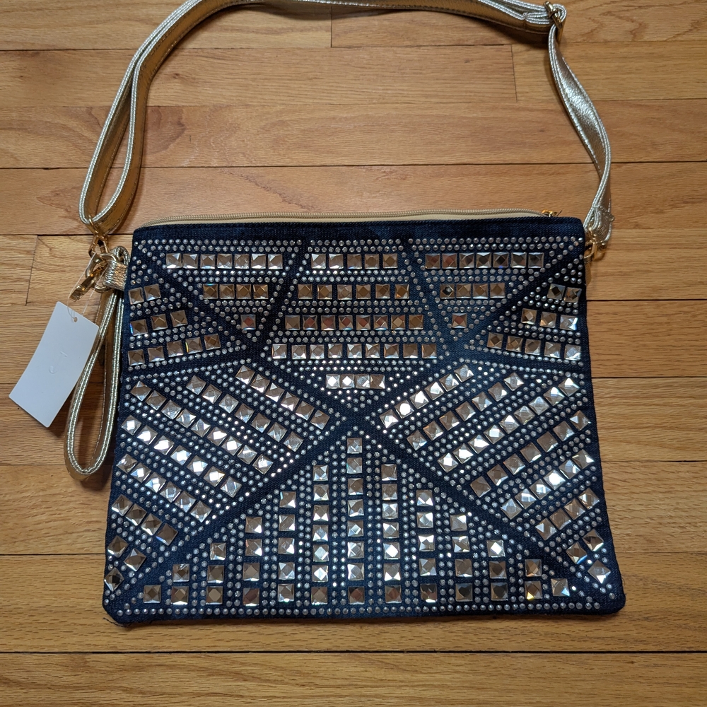 Silver& navy denim  Geometric women's bag with Crisscross "gold" & navy backside